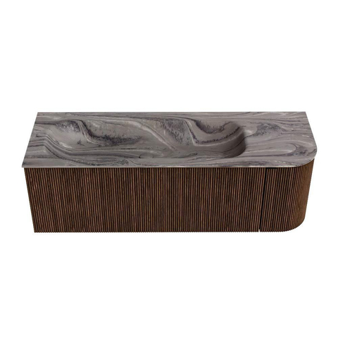 MONDIAZ KURVE-DLUX Meuble de salle de bains 135cm arrondi à droite couleur Walnut avec 1 tiroir et 1 porte. Lavabo BIG MEDIUM gauche sans trou de robinet Sombra. SW1434057