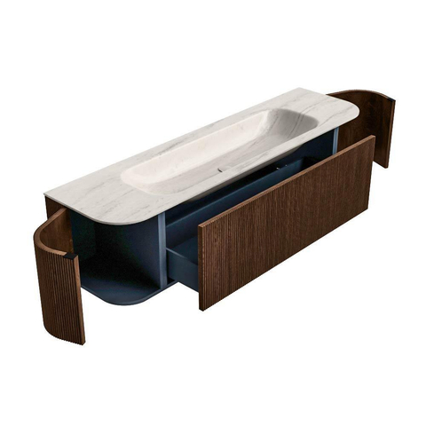 MONDIAZ KURVE-DLUX 170cm badmeubel ronding Links + Rechts kleur Walnut met 1 lade en 2 deuren. Wastafel BIG LARGE Midden 1 kraangat Meli. SW1431725