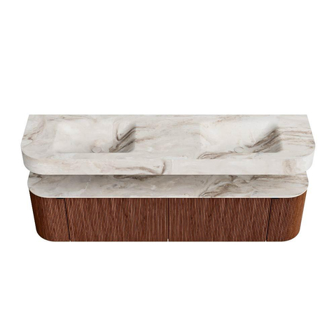 MONDIAZ THOR-DLUX 180cm meuble de salle de bains arrondi gauche + droite couleur Ruby avec 2 tiroirs et 2 portes. Vasque suspendue CLOUD Double sans trou de robinet couleur Frappe. SW1466022