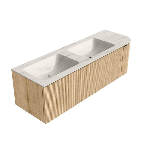 MONDIAZ KURVE-DLUX Meuble de salle de bains 145cm arrondi à droite couleur Oak avec 1 tiroir et 1 porte. Lavabo LEAF Double / Gauche 2 trous de robinet Meli. SW1431647