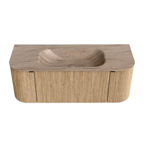 MONDIAZ KURVE-DLUX 120cm badmeubel ronding Links + Rechts kleur Oak met 1 lade en 2 deuren. Wastafel BIG SMALL Midden 1 kraangat Saba. SW1433058