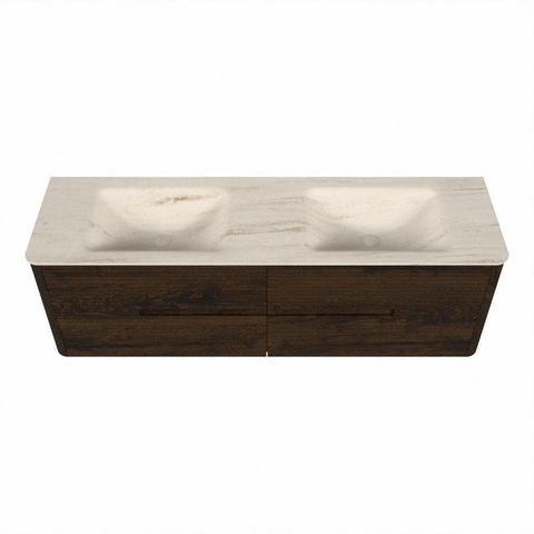 Mondiaz CIRO-DLUX Meuble de salle de bains - 160x45x50cm - Plan vasque Solid surface Meli - 2 bassins Double - sans trous de robinetterie - 4 tiroirs - Noyer SW1530557