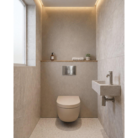 QeramiQ Dely Ensemble WC - 36.3x51.7cm - cuvette profonde - rimless - réservoir encastré Geberit UP720 - abattant WC softclose 35 mm - plaque de commande acier - boutons rectangulaires - beige mat SW1426549
