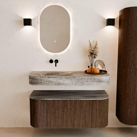 MONDIAZ THOR-DLUX Meuble de salle de bains 110cm arrondi gauche + droite couleur Walnut avec 1 tiroir et 2 portes. Vasque suspendue CLOUD Gauche sans trou de robinet couleur Oza. SW1462986