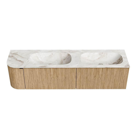 MONDIAZ KURVE-DLUX meuble de salle de bains 175cm avec module 25 L couleur chêne avec 2 tiroirs et 1 porte. Lavabo STOR SMALL double / droit sans trou de robinet couleur Frappe. SW1137413