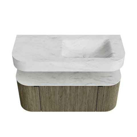 MONDIAZ THOR-DLUX 110cm meuble de salle de bains arrondi gauche + droite couleur Shadow avec 1 tiroir et 2 portes. Vasque suspendue CLOUD Droite sans trou de robinet couleur Opalo. SW1462912
