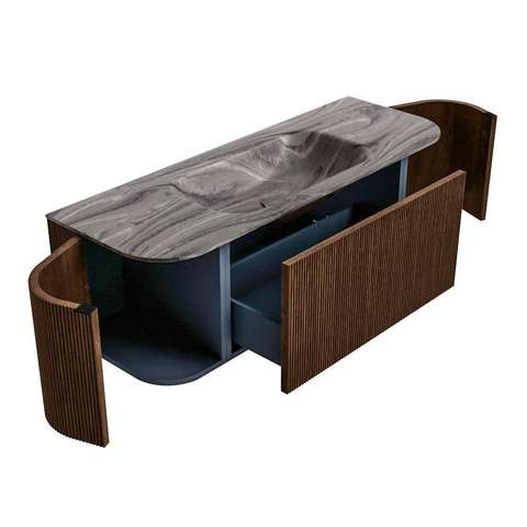 MONDIAZ KURVE-DLUX Meuble de salle de bains 130cm arrondi Gauche + Droite couleur Walnut avec 1 tiroir et 2 portes. Plan-vasque BIG SMALL Central 1 trou de robinet Sombra. SW1433654