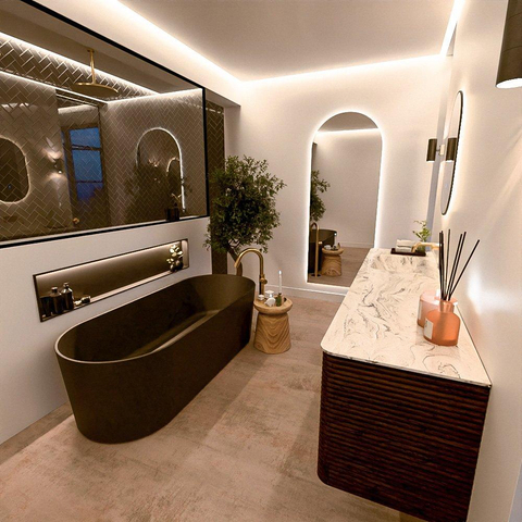 Mondiaz CIRO-DLUX Ensemble de meubles de salle de bains - 190x45x50cm - Vasque en solid surface Glace - 1 lavabo à gauche - sans trous de robinet - 4 tiroirs - Noyer SW1530152