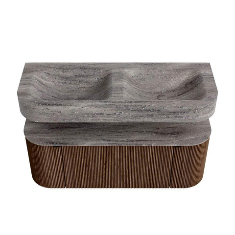 MONDIAZ THOR-DLUX 120cm badmeubel ronding links + rechts kleur Walnut met 1 lade en 2 deuren. Vrijhangende wastafel CLOUD Dubbel zonder kraangat kleur Oza. SW1463429