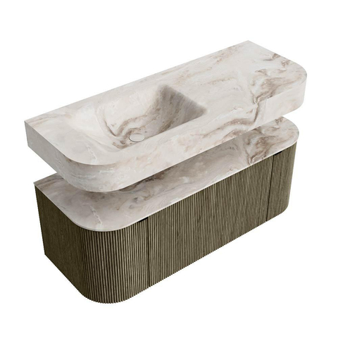 MONDIAZ THOR-DLUX 120cm badmeubel ronding links + rechts kleur Shadow met 1 lade en 2 deuren. Vrijhangende wastafel CLOUD Links 1 kraangat kleur Frappe. SW1463127