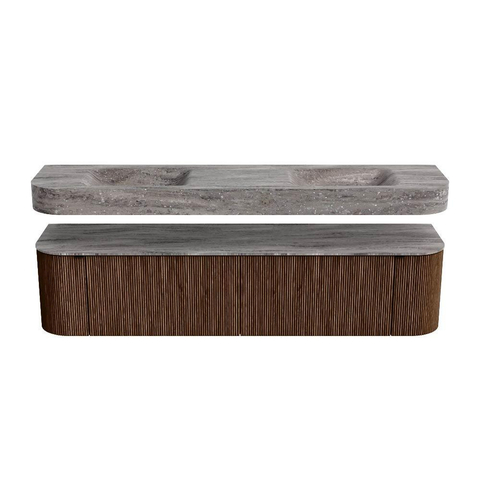 MONDIAZ THOR-DLUX Meuble de salle de bains - 190cm - arrondi gauche + droite - couleur Walnut - 2 tiroirs et 2 portes - Vasque suspendue CLOUD Double sans trou de robinet - couleur Oza SW1466816