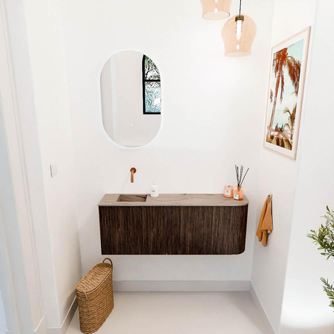 Mondiaz JOYA-DLUX 111.6cm toiletmeubel - ronding rechts kleur Walnut - Wastafel FAYE positie Links Zonder kraangat kleur Arena. SW1424361