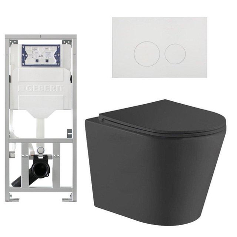 QeramiQ Dely Toiletset - 36.3x51.7cm - diepspoel - rimless - Geberit UP320 inbouwreservoir - met Burda frame - softclose toiletzitting - glans witte bedieningsplaat - ronde knoppen - mat zwart SW1102472