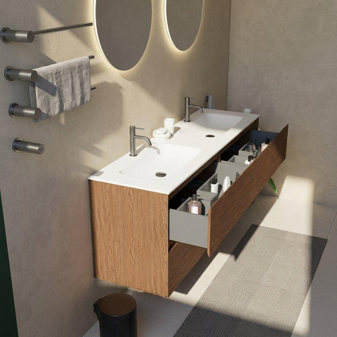 Saniclass Holz Pure Ensemble de meubles de salle de bains - 160x45x61.5cm - Flow vasque en Solid Surface blanc - 2 vasques - 2 trous de robinet - 4 tiroirs - mat walnut pure (bois) SW1478461