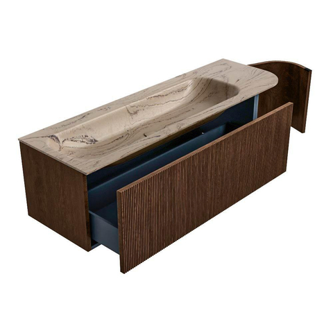 MONDIAZ KURVE-DLUX Meuble de salle de bains 145cm arrondi à droite couleur Walnut avec 1 tiroir et 1 porte. Lavabo BIG LARGE à gauche 1 trou de robinet Arena. SW1431223
