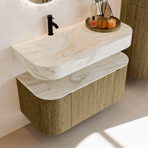 MONDIAZ THOR-DLUX 100cm meuble de salle de bains arrondi gauche + droite couleur Dusk avec 1 tiroir et 2 portes. Vasque suspendue CLOUD Gauche 1 trou de robinet couleur Ostra. SW1467347