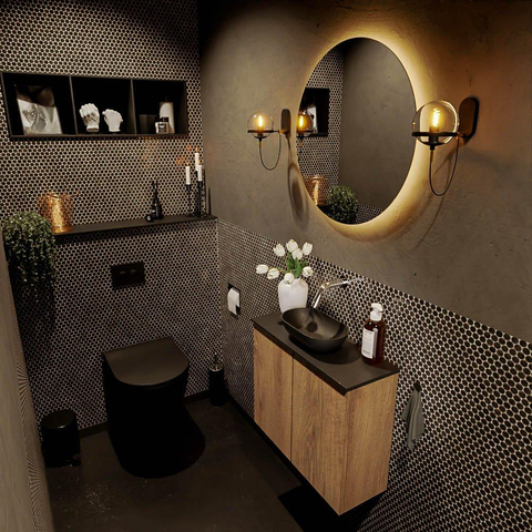 Mondiaz Fowy Meuble de toilette - 60x50x23cm - chêne blanchi mat - 0 trous de robinet - lavabo centré - 2 portes - solid surface - plan Mélamine - lavabo : noir SW761445