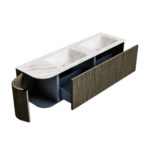 Mondiaz KURVE-DLUX Ensemble de meuble de salle de bains - 155x46x40cm - 2 tiroirs - 1 porte - lavabo solid surface - double / droite - 2 trous de robinet - Shadow SW1414390