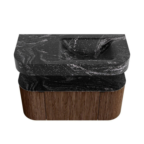 MONDIAZ THOR-DLUX 100cm meuble de salle de bains arrondi gauche + droite couleur Walnut avec 1 tiroir et 2 portes. Vasque suspendue CLOUD Droite sans trou de robinet couleur Lava. SW1467367