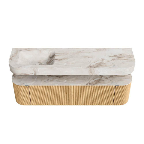 MONDIAZ THOR-DLUX 170cm badmeubel ronding links + rechts kleur Oak met 1 lade en 2 deuren. Vrijhangende wastafel CLOUD Links zonder kraangat kleur Frappe. SW1465420