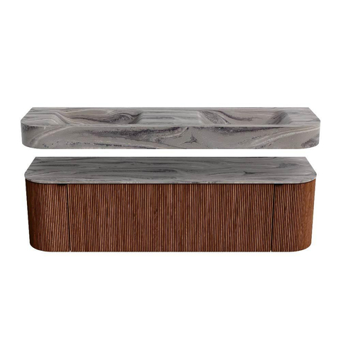 MONDIAZ THOR-DLUX 160cm meuble de salle de bains arrondi gauche + droite couleur Ruby avec 1 tiroir et 2 portes. Vasque suspendue CLOUD Double 2 trous de robinet couleur Sombra. SW1465387