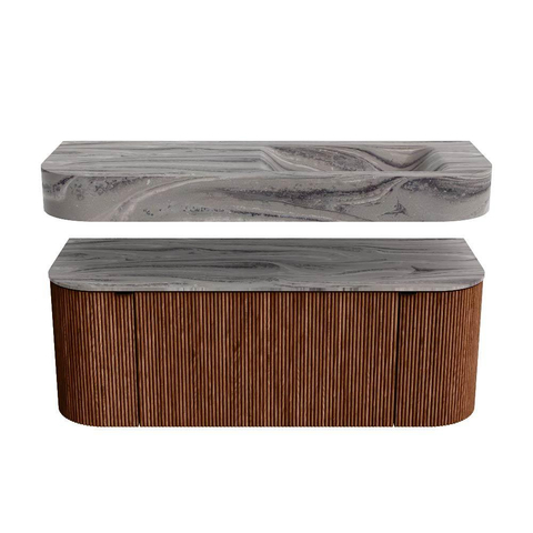 MONDIAZ THOR-DLUX 120cm meuble de salle de bains arrondi gauche + droite couleur Ruby avec 1 tiroir et 2 portes. Vasque suspendue CLOUD Droite sans trou de robinet couleur Sombra. SW1463700