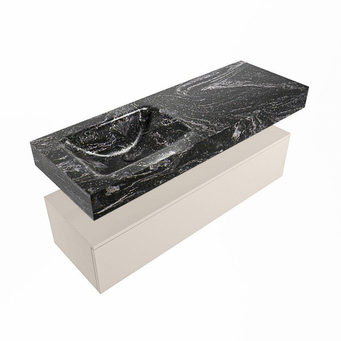 Mondiaz ALAN-DLUX Ensemble de meuble - 130cm - meuble Linen mat - 1 tiroir - Lavabo Cloud Lava suspendu - vasque Gauche - 0 trous de robinet SW808127
