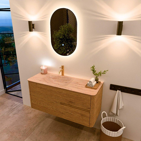 Mondiaz CIRO-DLUX Meuble de salle de bains - 110x45x50cm - Plan-vasque Solid surface Saba - 1 vasque à gauche - 1 trou de robinet - 2 tiroirs - Chêne SW1531180