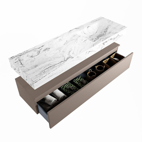 Mondiaz ALAN-DLUX Ensemble de meuble - 150cm - meuble Smoke mat - 1 tiroir - Lavabo Cloud Glace suspendu - vasque Droite - 0 trous de robinet SW805701