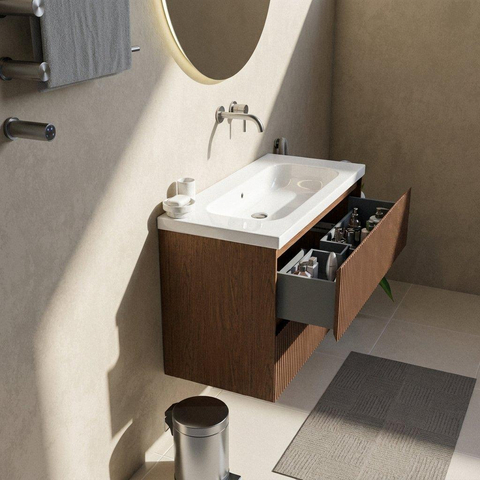 Saniclass Holz Atelier Ensemble de meubles de salle de bains - 100x45x63.5cm - lavabo en céramique Palermo blanc - 1 vasque - sans trou de robinetterie - 2 tiroirs - noyer pure mat (bois) SW1478606