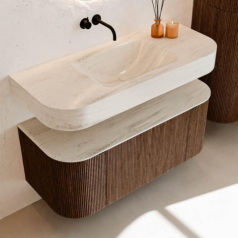 MONDIAZ THOR-DLUX 110cm meuble de salle de bains arrondi gauche + droite couleur Walnut avec 1 tiroir et 2 portes. Vasque suspendue CLOUD Milieu sans trou de robinet couleur Meli. SW1462915