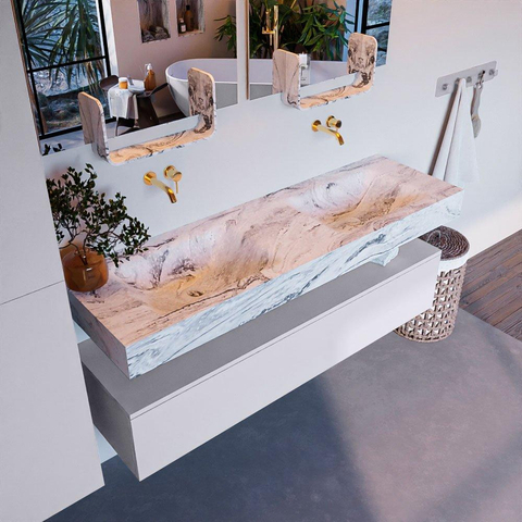 Mondiaz ALAN-DLUX Ensemble de meuble - 150cm - meuble Cale mat - 1 tiroir - Lavabo Cloud Glace suspendu - vasque Gauche et droite - 0 trous de robinet SW805844