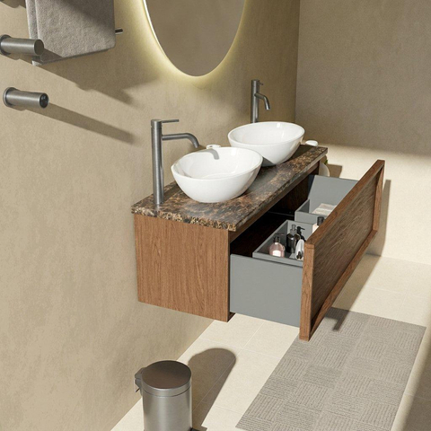 Saniclass Holz Frame Badkamermeubelset - 120x45x43cm - Noche natuurstenen topblad dark emperador - 2 kraangaten - 1 lade - mat walnut pure (hout) SW1478306