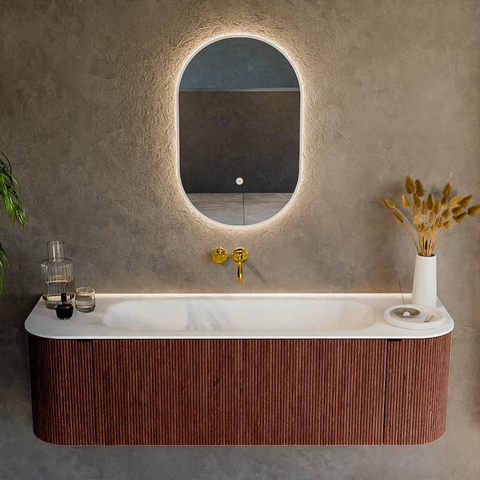 Mondiaz KURVE Ensemble de meuble de salle de bains - 150x46x40cm - 1 tiroir - 2 portes - lavabo solid surface - central - sans trou de robinet - Ruby SW1415296