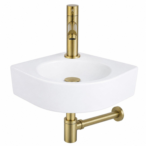 QeramiQ Fuente Pack Lave-mains d'angle - 30x30x10cm - 1 trou de robinet - céramique - robinet Laiton brossé - Blanc SW1111513