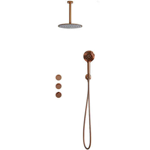 Fortifura Nebbio Regendoucheset - inbouwkraan - inbouwdeel - wandaansluitbocht - doucheslang glad - ronde handdouche - 20cm plafondarm - 30cm - hoofddouche - PVD - geborsteld koper SW1447153