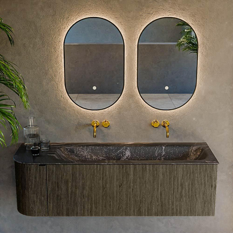 Mondiaz KURVE-DLUX Ensemble de meubles de salle de bains - 145x46x40cm - 1 tiroir - 1 porte - lavabo solid surface - droit - sans trou de robinet - Shadow SW1414673