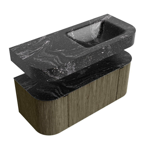 MONDIAZ THOR-DLUX 110cm meuble de salle de bains arrondi gauche + droite couleur Shadow avec 1 tiroir et 2 portes. Vasque suspendue CLOUD Droite 1 trou de robinet couleur Lava. SW1462879