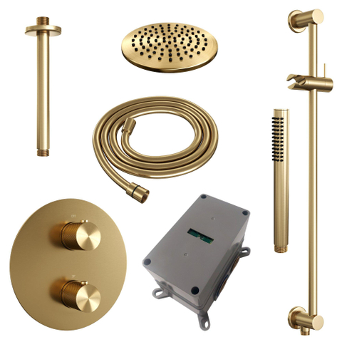 BRAUER Gold Carving mitigeur thermostatique encastré douche pluie - 3 voies - rond - ensemble 89 - douche principale 20cm - bras plafond - douchette à main - flexible de douche - colonne de douche hydromassante intégrée - or brossé PVD SW1159094