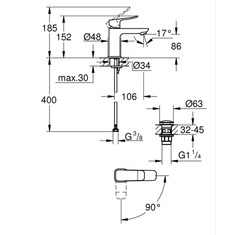 Grohe Dice Wastafelmengkraan - s-size - opbouw - koude start - klikwaste - matte black (mat zwart) SW1440595