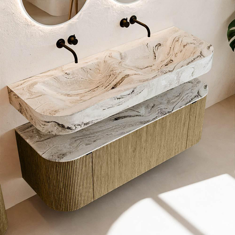 MONDIAZ THOR-DLUX 130cm meuble de salle de bains arrondi gauche + droite couleur Dusk avec 1 tiroir et 2 portes. Vasque suspendue CLOUD Double sans trou de robinet couleur Glace. SW1463637