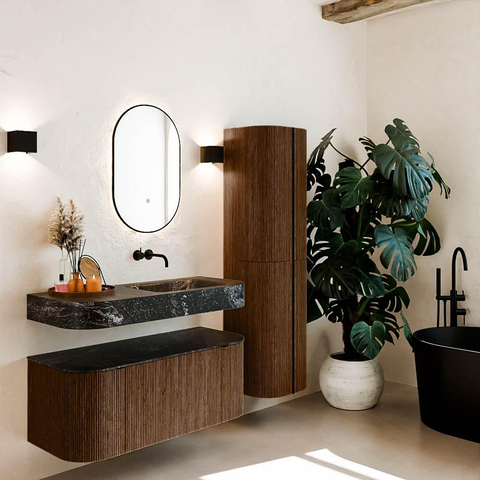 MONDIAZ THOR-DLUX 110cm badmeubel ronding links + rechts kleur Walnut met 1 lade en 2 deuren. Vrijhangende wastafel CLOUD Rechts zonder kraangat kleur Lava. SW1462775