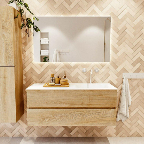 MONDIAZ VICA meuble sous lavabo 120cm Chêne blanchi 2 tiroirs. Lavabo CLOUD droite 1 trou de robinet, couleur Talc. SW1381903
