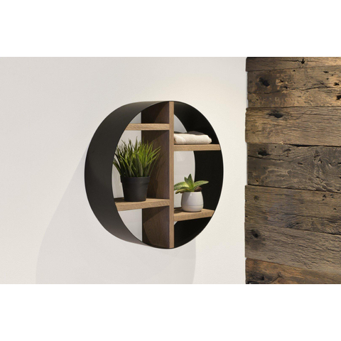 Looox Wood collection Wooden BoX opbouwnis rond zwart mat Ø50x14cm eiken old grey SW108695