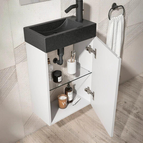 Saniclass Chaci Toiletmeubelset - 40x65cm - 1 deur - 1 kraangat - rechts - fontein natuursteen donker - mat wit SW1482362