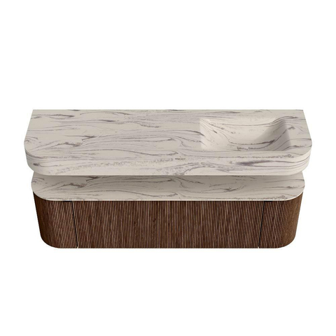 MONDIAZ THOR-DLUX 160cm meuble de salle de bains arrondi gauche + droite couleur Walnut avec 1 tiroir et 2 portes. Vasque suspendue CLOUD Droite sans trou de robinet couleur Nata. SW1465275