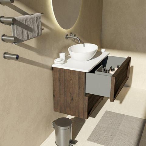 Saniclass Holz Frame Badkamermeubelset - 80x45x62.5cm - Torino solid surface topblad wit - zonder kraangat - 2 lades - mat eiken charcoal (hout) SW1579930