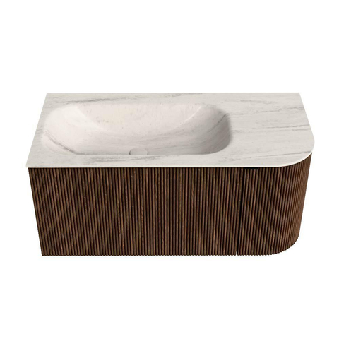 MONDIAZ KURVE-DLUX 95cm badmeubel ronding Rechts kleur Walnut met 1 lade en 1 deur. Wastafel BIG SMALL Links 1 kraangat Meli. SW1431663