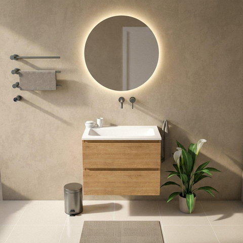 Saniclass Holz Pure Badkamermeubelset - 80x45x77.5cm - Torino solid surface wastafel wit - zonder kraangat - 2 lades - mat eiken natural (hout) SW1478654
