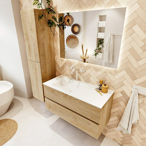 MONDIAZ VICA meuble sous lavabo 100cm Chêne blanchi 2 tiroirs. Lavabo CLOUD gauche 1 trou de robinet, couleur Talc. SW1381947